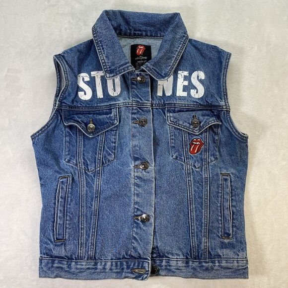 ROLLING STONES Denim Sleeveless VEST Womens M Patch on Back Logo Front‎ Pocket - Picture 1 of 7